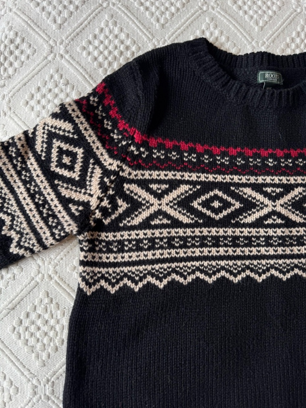 Roots Fair isle wool blend sweater, black, size medium - Picture 2 of 6